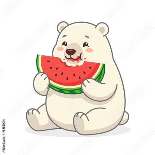 A cute polar bear happily eating a slice of watermelon while sitting