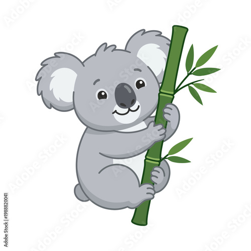 A cute cartoon koala holds and hugs a bamboo stick with leaves.