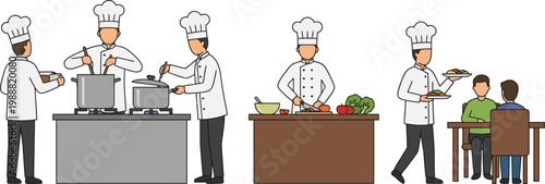 Chefs prepare gourmet meals in a professional kitchen for diners in restaurant.