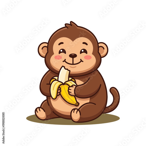 A cute monkey happily eating a banana sitting on the ground