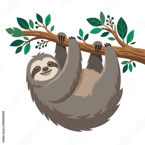 A cute sloth hanging upside down from a tree branch with green leaves smiling