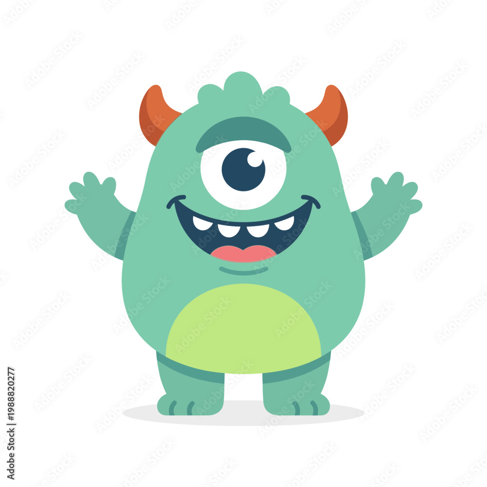 Fototapeta premium A cheerful green monster with one eye and horns waves happily outdoors