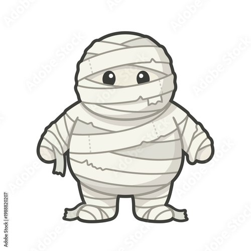 A cute cartoon mummy stands alone in a neutral environment looking happy