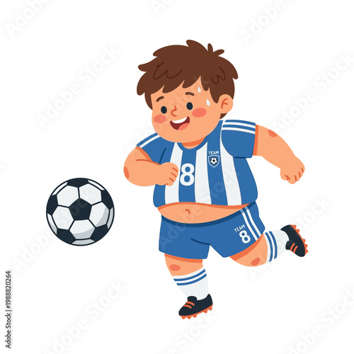 A chubby boy in a blue soccer uniform runs with a ball