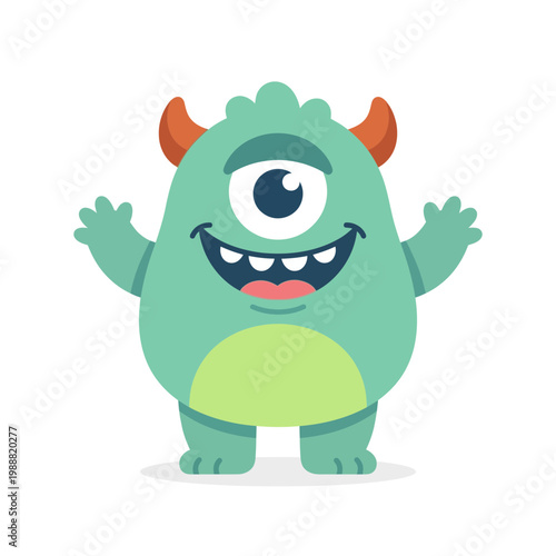 A cheerful green monster with one eye and horns waves happily outdoors