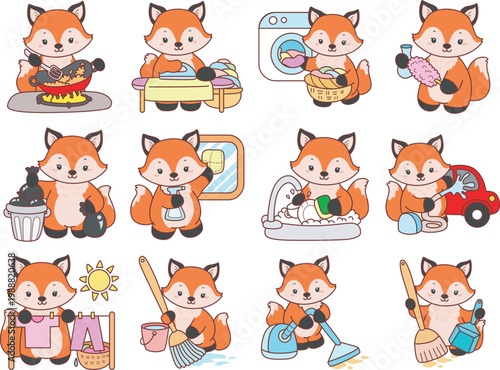 Cute set of Fox sticker with activity. Fox with variation of random activity