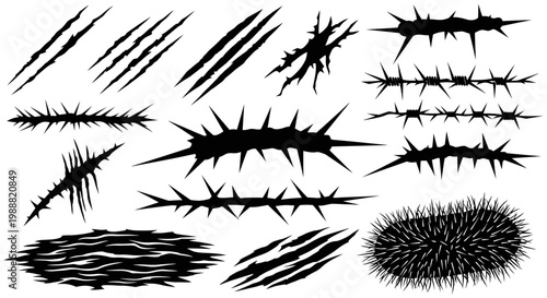 Black thorn, prick, scratch vector set, 20 sharp sticker elements