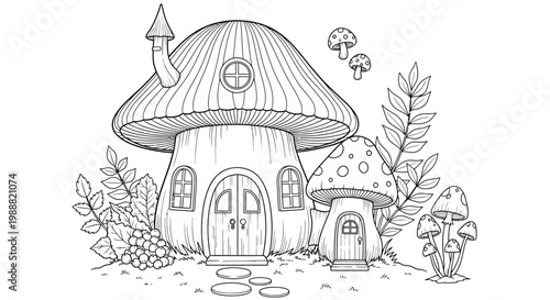 Fantasy mushroom house, whimsical illustration, black and white, vector, fairy tale architecture, coloring book page
