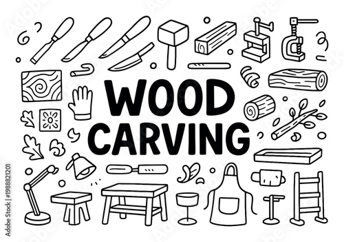 Wood carving icons with chisel mallet log outline