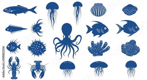 Ocean creatures icons, sea animal silhouettes, blue marine life illustrations, vector set