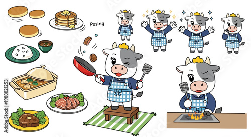 Cute cow chef illustrations, cooking icons, kitchen cartoons, food preparation vectors