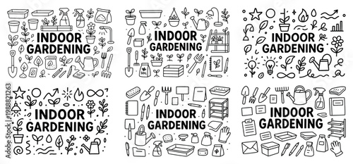Indoor gardening icons with pot trowel minimal