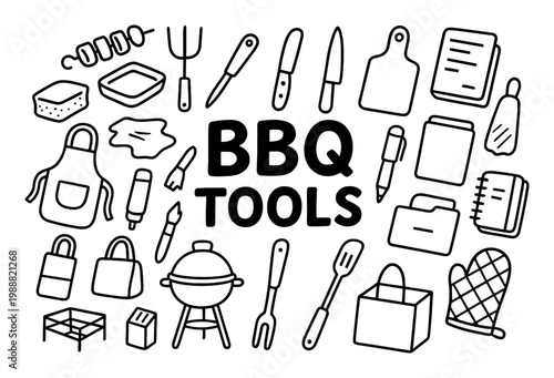 Bbq icons with grill spatula fork outline