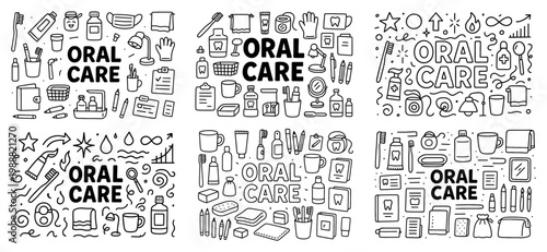 Oral care icons with toothbrush toothpaste outline