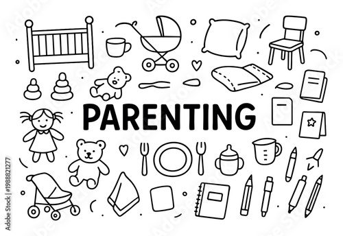 Parenting icons with stroller teddy doll playful outline