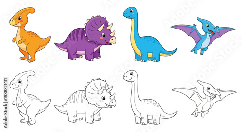 Dinosaur icons, colorful cartoon dinosaurs, 7 prehistoric animal illustrations, vector set