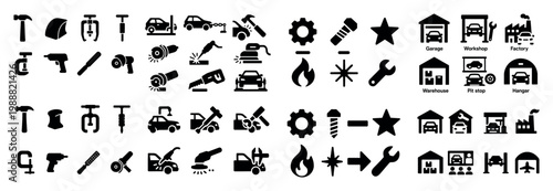 Tools icons with hammer wrench drill car outline