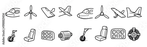 Aviation icons with propeller seat wheel outline