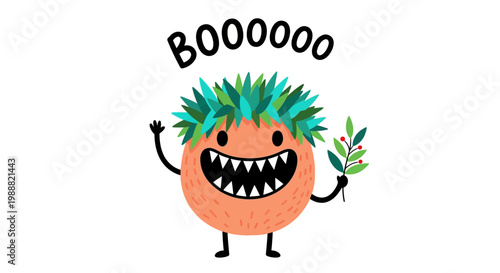 Funny monster character, cartoon creature, orange beast, green hair