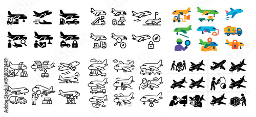 Travel icons with plane luggage terminal flat