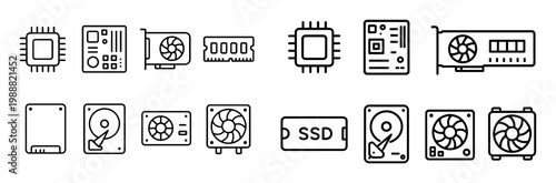 Hardware icons with chip board ssd minimal outline