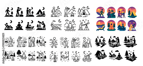 Outdoor icons with tent hiker campfire colorful