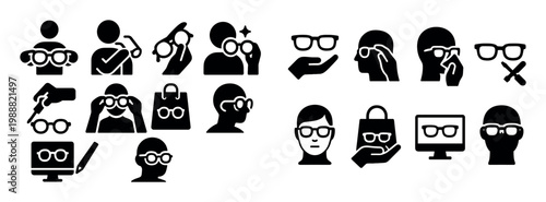 Eyewear icons with glasses hand face glyph