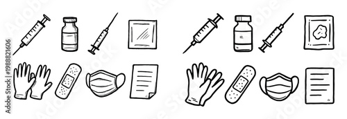 Medical icons with syringe vial gloves outline