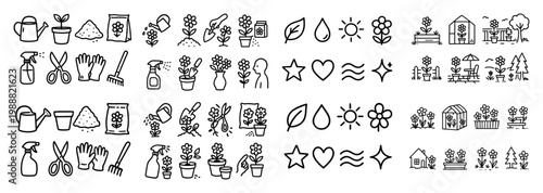 Gardening icons with plant pot shovel rake minimal