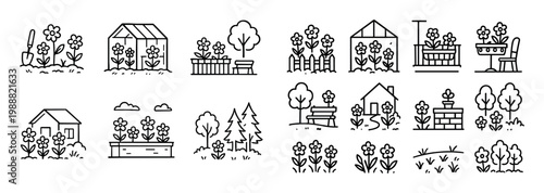 Garden icons with greenhouse planter tree outline