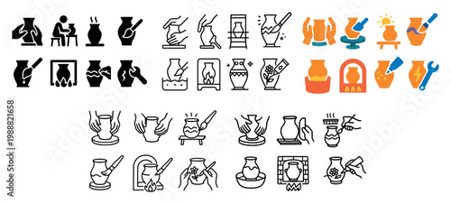 Pottery icons with vase wheel hands handcrafted style