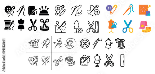 Sewing icons with needle scissors mannequin flat
