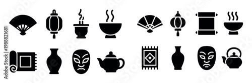 Asian icons with fan and teapot flat