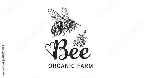 Bee logo, organic farm symbol, black vector illustration, insect icon, eco friendly sign