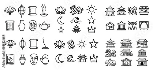 Asian icons with fan lantern dragon outline