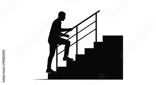 A silhouette of a man ascending a staircase depicted in a minimalist stark black style