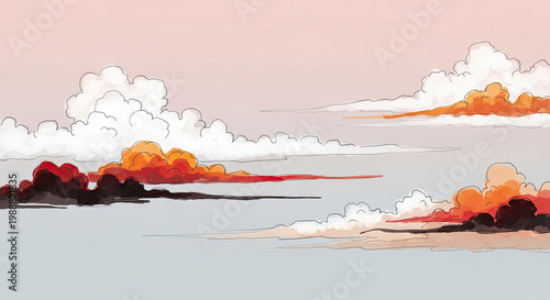 Dramatic sunset sky with soft white clouds illustrated in watercolor style with red-orange color gradients and dark smoky undertones