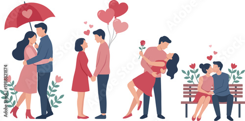 Couples in love demonstrate romantic affection and happiness in flat illustration.