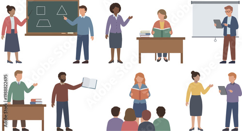 Teachers demonstrate diverse educational activities in a modern classroom setting.