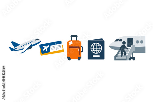 Set of flat vector air travel icons featuring a commercial airplane in flight, boarding pass ticket, orange rolling suitcase luggage, international passport, and a passenger boarding a plane.