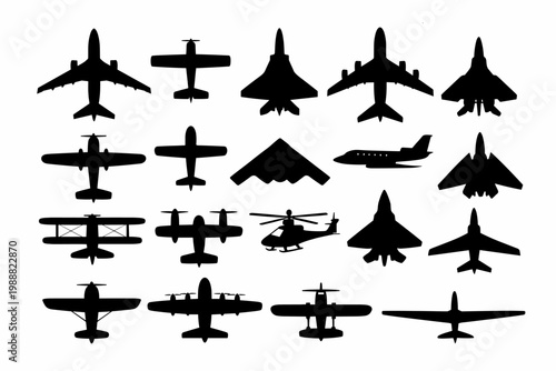 Collection of Aircraft Silhouettes in Black Featuring Commercial Airliners, Fighter Jets, Helicopters, Biplanes, and Gliders; Top and Side View Vector Icons for Aviation, Transport, and Travel