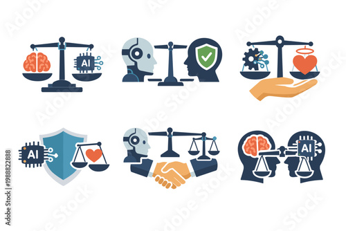 Icons for AI ethics and responsible development, balancing artificial intelligence with human values, empathy, and safety. Symbols of scales, brains, chips, and hearts for ethical technology.