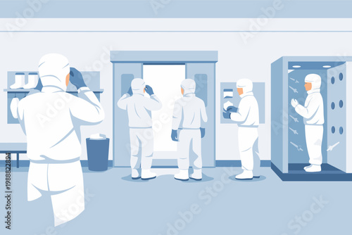 Professionals in Protective Hazmat Suits Preparing to Enter a Sterile Cleanroom via Airlock and Air Shower, Methodical Gowning Procedure for High-Tech Manufacturing or Laboratory Environments.