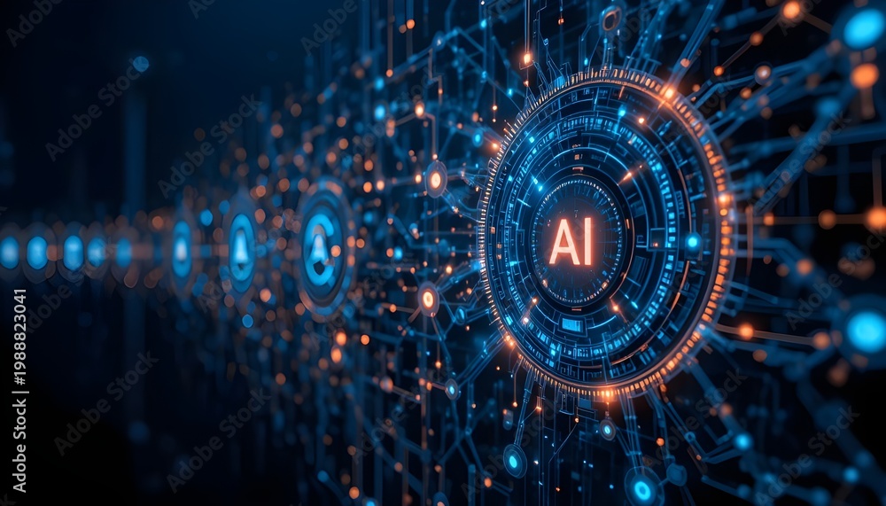 Obraz premium Artificial intelligence network visualization with glowing blue and orange nodes and connections
