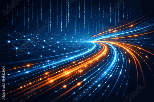 High-speed digital data stream with flowing particle lines and dynamic light trails across an advanced network grid with binary code rain, representing fiber optic internet and big data transfer.