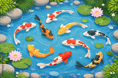 Top view vector illustration of a tranquil koi pond with colorful Japanese carp swimming among lily pads, pink lotus flowers, and smooth river stones in clear blue water, serene garden scene.