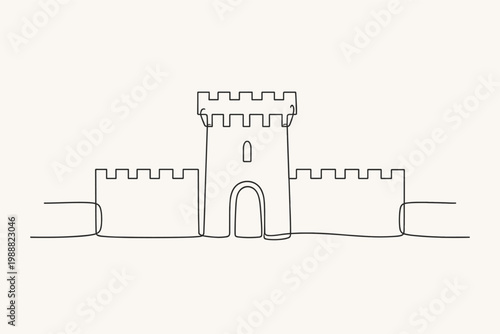 Minimalist continuous line drawing of a fortified medieval castle wall with a central tower, crenelated battlements, and arched gate, elegant one line art style for architecture and defense concepts.