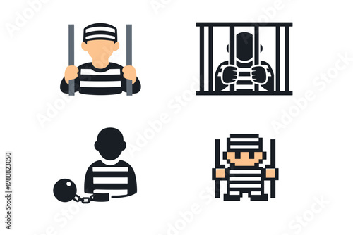 Comprehensive set of prisoner and inmate icons in diverse styles including flat design, silhouette behind jail bars, convict with ball and chain, and pixel art for crime and justice concepts.