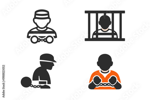Set of Prisoner and Convict Icons in Different Styles Featuring Inmates in Jail Cells, Handcuffs, Orange Jumpsuits, and Ball and Chain for Criminal Justice, Law Enforcement, and Legal Vector Design