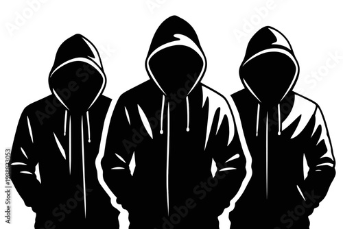 Monochrome silhouette of three mysterious hooded figures wearing jackets, group of anonymous hackers or criminals in hoodies, simple flat vector illustration for security or crime concept.